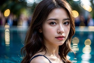 1 young girl, (Best Quality:1.4), 8K resolution, High resolution, (Photorealistic, High resolution:1.4), Raw photo, (Realistic, Photorealsitic:1.37), (Beautiful big breasts:1.1), Gloss on lips, Parted lips, Staring at me, Nose, Realistic, pool, depth of field, face light, (((bokeh))),taaarannn