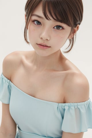 1girl, (age 11-14:1.4), gorgeous, (dynamic pose:0.8),(close-up),studio lighting, white background, japanese teen top model, bang, hime haircut, heterochromia, pastel off-shoulder dress,