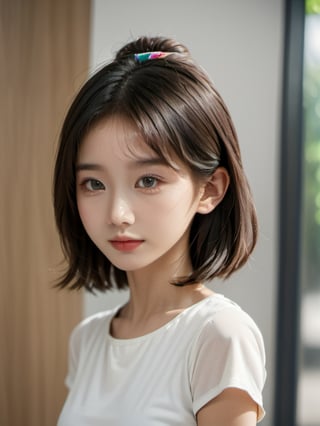 A full body portrait of a Taiwanese girl,(masterpiece, 8k, photorealistic, RAW photo, best quality, sharp: 1),highly detailed face, beautiful face, (realistic face), beautiful hairstyle, realistic eyes, beautiful detailed eyes, (realistic skin), beautiful skin, ultra high res, ultra realistic, highly detailed, high nose, slim body, slender girl, detailed bust, slim thighs, slim legs, small hip, hair band, (blank background:1.1), (looking away:0.3), (from side:0.4) (age 12-15, European preteen, a pretty girl:1.4), (short hair, bob hair, beautiful hairstyle:1.2), (midriff:1.1), (model posing:1.2)