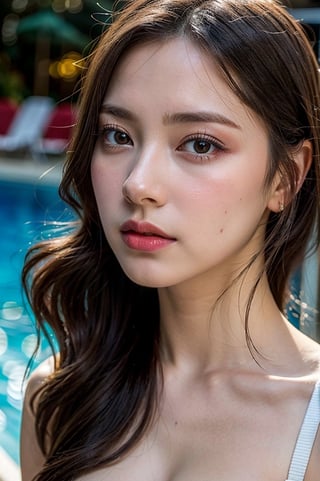 1 young girl, (Best Quality:1.4), 8K resolution, High resolution, (Photorealistic, High resolution:1.4), Raw photo, (Realistic, Photorealsitic:1.37), (Beautiful big breasts:1.1), Gloss on lips, Parted lips, Staring at me, Nose, Realistic, pool, depth of field, face light, (((bokeh))),taaarannn