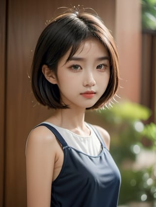 A full body portrait of a Taiwanese girl,(masterpiece, 8k, photorealistic, RAW photo, best quality, sharp: 1),highly detailed face, beautiful face, (realistic face), beautiful hairstyle, realistic eyes, beautiful detailed eyes, (realistic skin), beautiful skin, ultra high res, ultra realistic, highly detailed, high nose, slim body, slender girl, detailed bust, slim thighs, slim legs, small hip, hair band, (blank background:1.1), (looking away:0.3), (from side:0.4) (age 12-15, European preteen, a pretty girl:1.4), (short hair, bob hair, beautiful hairstyle:1.2), (midriff:1.1), (model posing:1.2)