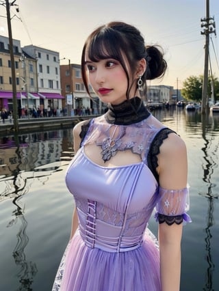 a woman posing on the street corner with light purple high-neck dress on, best quality, 1girl, (gigantic breasts), day, bright, blur background, bokeh, outdoor, (street:0.8), (people, crowds:1), (lace-trimmed dress:1.5, see-through, no-sleeves dress, high-neck dress:1.5, light purple dress: 1.5), gorgeous, (floating hair, bangs, hair up:1.5), beautiful detailed sky, (beautiful earrings), (dynamic pose:1), (upper body:0.8), soft lighting, wind, shiny skin,mikana_yamamoto