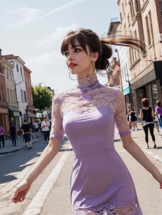 a woman posing on the street corner with light purple high-neck dress on, best quality, 1girl, (gigantic breasts), day, bright, blur background, bokeh, outdoor, (street:0.8), (people, crowds:1), (lace-trimmed dress:1.5, see-through, no-sleeves dress, high-neck dress:1.5, light purple dress: 1.5), gorgeous, (floating hair, bangs, hair up:1.5), beautiful detailed sky, (beautiful earrings), (dynamic pose:1), (upper body:0.8), soft lighting, wind, shiny skin,