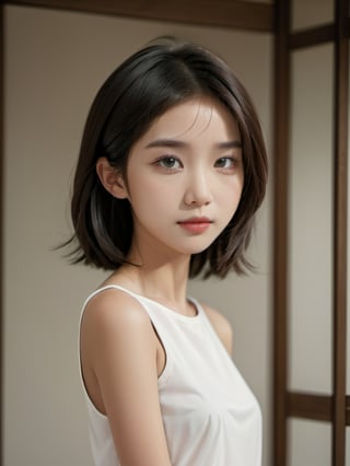 A full body portrait of a Taiwanese girl,(masterpiece, 8k, photorealistic, RAW photo, best quality, sharp: 1),highly detailed face, beautiful face, (realistic face), beautiful hairstyle, realistic eyes, beautiful detailed eyes, (realistic skin), beautiful skin, ultra high res, ultra realistic, highly detailed, high nose, slim body, slender girl, detailed bust, slim thighs, slim legs, small hip, hair band, (blank background:1.1), (looking away:0.3), (from side:0.4) (age 12-15, European preteen, a pretty girl:1.4), (short hair, bob hair, beautiful hairstyle:1.2), (midriff:1.1), (model posing:1.2)