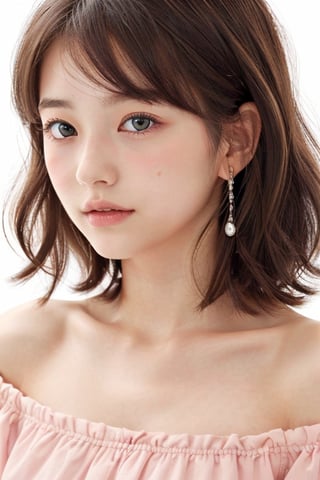 1girl, (age 11-14:1.4), gorgeous, (dynamic pose:0.8),(close-up),studio lighting, white background, japanese teen top model, bang, hime haircut, heterochromia, pastel off-shoulder dress,