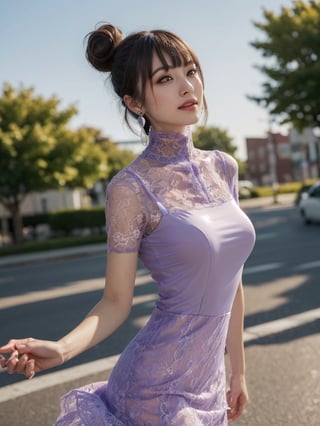 a woman posing on the street corner with light purple high-neck dress on, best quality, 1girl, (gigantic breasts), day, bright, blur background, bokeh, outdoor, (street:0.8), (people, crowds:1), (lace-trimmed dress:1.5, see-through, no-sleeves dress, high-neck dress:1.5, light purple dress: 1.5), gorgeous, (floating hair, bangs, hair up:1.5), beautiful detailed sky, (beautiful earrings), (dynamic pose:1), (upper body:0.8), soft lighting, wind, shiny skin,