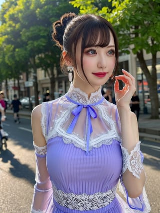 a woman posing on the street corner, best quality, 1girl, (gigantic breasts), day, bright, blur background, bokeh, outdoor, (street:0.8), (people, crowds:1), (lace-trimmed dress:1.5, see-through, no-sleeves dress, high-neck dress:1.5, light purple dress: 1.5), gorgeous, (floating hair, bangs, hair up:1.5), beautiful detailed sky, (beautiful earrings), (dynamic pose:1), (upper body:0.8), soft lighting, wind, shiny skin,