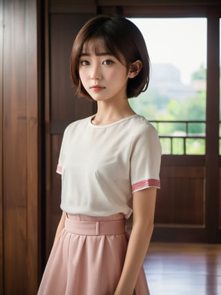 A full body portrait of a japanaese girl,(masterpiece, 8k, photorealistic, RAW photo, best quality, sharp: 1),highly detailed face, beautiful face, (realistic face), beautiful hairstyle, realistic eyes, beautiful detailed eyes, (realistic skin), beautiful skin, ultra high res, ultra realistic, highly detailed, high nose, slim body, slender girl, detailed bust, slim thighs, slim legs, small hip, hair band, (blank background:1.1), (looking away:0.3), (from side:0.4) (age 12-15, European preteen, a pretty girl:1.4), (short hair, bob hair, beautiful hairstyle:1.2), (midriff:1.1), (model posing:1.2)