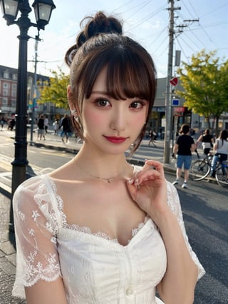 a woman posing on the street corner, best quality, 1girl, (gigantic breasts), day, bright, blur background, bokeh, outdoor, (street:0.8), (people, crowds:1), (lace-trimmed dress:1.5, see-through, no-sleeves dress), gorgeous, (floating hair, bangs, hair up:1.5), beautiful detailed sky, (beautiful earrings), (dynamic pose:1), (upper body:0.8), soft lighting, wind, shiny skin,