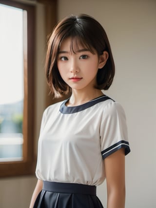 A full body portrait of a japanaese girl,(masterpiece, 8k, photorealistic, RAW photo, best quality, sharp: 1),highly detailed face, beautiful face, (realistic face), beautiful hairstyle, realistic eyes, beautiful detailed eyes, (realistic skin), beautiful skin, ultra high res, ultra realistic, highly detailed, high nose, slim body, slender girl, detailed bust, slim thighs, slim legs, small hip, hair band, (blank background:1.1), (looking away:0.3), (from side:0.4) (age 12-15, European preteen, a pretty girl:1.4), (short hair, bob hair, beautiful hairstyle:1.2), (midriff:1.1), (model posing:1.2)