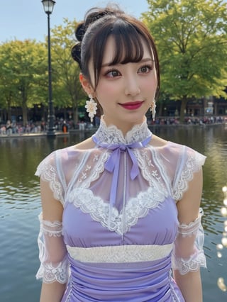 a woman posing on the street corner, best quality, 1girl, (gigantic breasts), day, bright, blur background, bokeh, outdoor, (street:0.8), (people, crowds:1), (lace-trimmed dress:1.5, see-through, no-sleeves dress, high-neck dress:1.5, light purple dress: 1.5), gorgeous, (floating hair, bangs, hair up:1.5), beautiful detailed sky, (beautiful earrings), (dynamic pose:1), (upper body:0.8), soft lighting, wind, shiny skin,