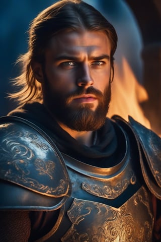 a closeup photo of bearded European male warrior in steel armor, intense expression, in the ruined temple, fire, cold colors night, rim lighting, cinematic, highly detailed, masterpiece