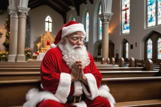 Santa Claus praying inside a church, very holy, spritural, 