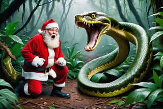 Santa is scared of a large snake, very freightened, scary and spooky, forest jungle, 