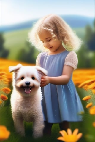 A little girl with curly blonde hair is playing with her dog in a flower field.