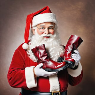 Santa Claus holding a pair of boots as a gift for Christmas