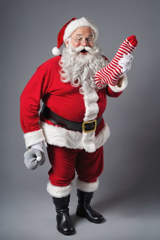 Santa Claus holding a pair of stinky torned socks, awfully smelling socks, 