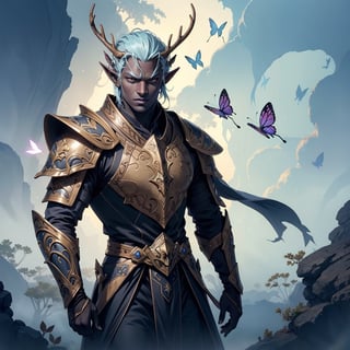 1guy, male dark skin elf with majestic elk's horns on his head, surronded by butterfly, a bow in his hand, glowing butterfly, old and worn out clothing, light armor, perfect anatomy, hd, volumetric lighting, drow