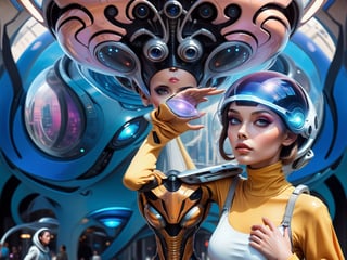 futuristic woman in a city with a spaceship hovering overhead, retrofuturistic female android, portrait of a humanoid alien, fashionable futuristic woman, alien woman, sci-fi digital art illustration, science fiction digital art, in a futuristic city, portrait beautiful sci - fi girl, futuristic woman portrait, female alien, human futuristic city, portrait of a sci - fi woman