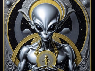 there is a silver alien holding a sign with a gold border, grey alien, extraterrestrial, alien design, galactic dmt entity, high detailed official artwork, reptilian space alien, enlightenment tripping on dmt, inspired by Ravi Zupa, enlightened, official illustration, black light velvet poster, gray alien, grey aliens, added detail, official artwork