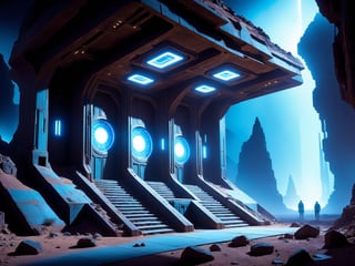 alien base, illuminated by eerie blue lights