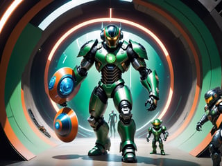 there is a man standing in a tunnel with a frisbee, in a futuristic arena, robot monster in background, robot lurks in the background, afro futuristic, part robot and part black human, with futuristic gear and helmet, afro futurism, serious sam as smash characters, cyborg in the data center, wrestlers wearing vr headsets, boston celtics ironman suit