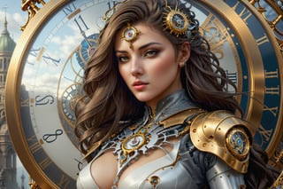 there is a woman with a clock and a clock face, fantasy art behance, hyperrealistic art nouveau, karol bak and peter mohrbacher, michael cheval (unreal engine, karol bak uhd, exquisite digital illustration, style ivan talavera and artgerm, artgerm and tom bagshaw, hyperrealistic fantasy art  Art,  Art by Ray Shark