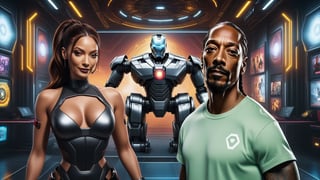 there is a man and a woman standing in a sci - fi room, snoop dogg in mortal kombat, alena aenami and android jones, cyberpunk iron man, mkbhd as iron man, ( ( robot cyborgs ) ), gta loading screen art, background artwork, snoop dogg in gta v, part robot and part black human, concept art like ernest khalimov