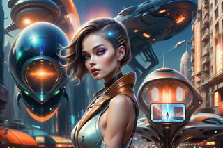 futuristic woman in a city with a spaceship hovering overhead, retrofuturistic female android, portrait of a humanoid alien, fashionable futuristic woman, alien woman, sci-fi digital art illustration, science fiction digital art, in a futuristic city, portrait beautiful sci - fi girl, futuristic woman portrait, female alien, human futuristic city, portrait of a sci - fi woman