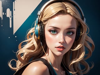 A Realistic Abstract Painting blue/gold in Impressionistic Style but with Crisp Clear Lines and a Specific Theme,  a woman (Jesica Alba :1.1) red lips,  green eyes,  listen to music,  headphones,  long curly hair. style,  by Ray Shark