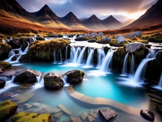 The Fairy Pools, Isle of Skye, Scotland: Tucked away on the Isle of Skye, the Fairy Pools are a series of crystal-clear, turquoise pools fed by cascading waterfalls, set against a backdrop of rugged mountains and moody skies. As you hike along the winding trails, you'll feel transported to another realm, where the whispers of ancient myths mingle with the gentle rush of water. The ethereal beauty of this landscape is sure to leave you spellbound.