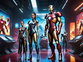 there is a man and a woman standing in a sci - fi room, snoop dogg in mortal kombat, alena aenami and android jones, cyberpunk iron man, mkbhd as iron man, ( ( robot cyborgs ) ), gta loading screen art, background artwork, snoop dogg in gta v, part robot and part black human, concept art like ernest khalimov