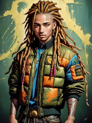 (best quality:1.33),  (masterpiece:1.42),  (realistic:1.24),  (detailed:1.15),  (high_res) 1rapper with tattoos,dread hair,puffer jacket,super colorful,luminous colorization,sharp,   8K,dynamic viewing angle,  hyperdetailed; by Michael Parkes