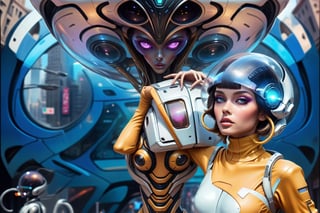 futuristic woman in a city with a spaceship hovering overhead, retrofuturistic female android, portrait of a humanoid alien, fashionable futuristic woman, alien woman, sci-fi digital art illustration, science fiction digital art, in a futuristic city, portrait beautiful sci - fi girl, futuristic woman portrait, female alien, human futuristic city, portrait of a sci - fi woman