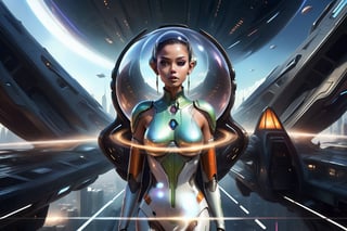 futuristic woman in a city with a spaceship hovering overhead, retrofuturistic female android, portrait of a humanoid alien, fashionable futuristic woman, alien woman, sci-fi digital art illustration, science fiction digital art, in a futuristic city, portrait beautiful sci - fi girl, futuristic woman portrait, female alien, human futuristic city, portrait of a sci - fi woman