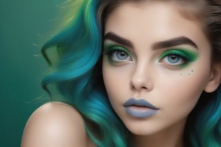 cara de uma mulher com um olho azul, um olho verde, estreita com nariz pequenino labios carnidos e cabelo ondulado