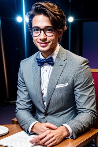 Create a hyper-realistic image of a young man dressed in stylish clothing and a blazer. The man should exude an intellectual vibe, wearing glasses and smiling at the camera. The scene is set in a television studio, where the protagonist is seated in front of a table. Ensure that the man is highlighted with impeccable lighting and capture the image with an 8K camera to vividly and realistically capture every detail.