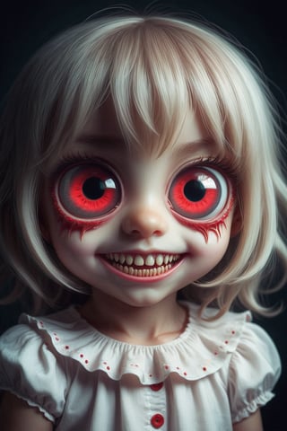 a little girl with huge red eyes, sharp teeth, creepy smile