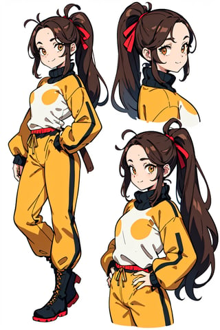 (CharacterSheet:1), (multiple views, full body, reference sheet:1),(simple background, white background),(masterpiece:1.2),  best quality ,1girl, cowboy shot, brown eyes, up close, wearing long pants, hair tied up, brown hair with yellow highlights, happy_face, visible forehead, hands_raised , half_up_hair, adventure outfit, smiling, medieval_outfit, sweater, jumper,  boots, no bangs, tracksuit, long_ponytail, hair_clips, wrist_band, ribbon_in_hair, 18 year old, cheerful, balancing pose, legs apart, looking at butterfly, undressing, stripping, lift_shirt, sex, naked, shy, head turned, looking_over_shoulder, medium_ass, back_view, from behind, backside, ass, back turned, hands on hips