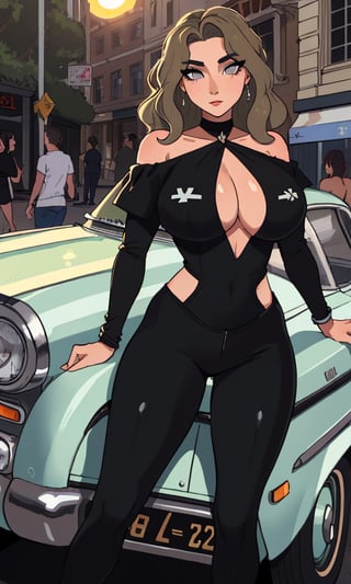 ((masterpiece)), (best quality), ((detailed face)), ((detailed eyes)), highres,((big breast)), ((sexy body)), Confident allure, smoky eyes, tousled chestnut waves, off-shoulder black bodysuit, leaning against a classic car, hourglass, olive, statuesque, sun-kissed, urban street