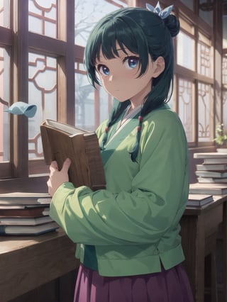 Maomao, indoors,Wood windows, Chinese architecture, (left arm bandage:1.2), blunt bangs, green hair, long hair, blue eyes, solo, gonvgreen, sidelocks, twin braids, hair over shoulder, hair beads, half updo, single hair bun, hair ribbon, blue ribbon, freckles, hanfu, green japanese clothes, long sleeves, wide sleeves, purple skirt, long skirt, (Holding a book:1.5), star eyes, looking at viewer