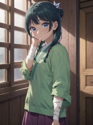 Maomao, indoors,Wood windows, Chinese architecture, (left arm bandage:1.5), blunt bangs, green hair, long hair, blue eyes, solo, gonvgreen, sidelocks, twin braids, hair over shoulder, hair beads, half updo, single hair bun, hair ribbon, blue ribbon, freckles, hanfu, green japanese clothes, long sleeves, wide sleeves, purple skirt, long skirt, Tasting the honey, star eyes, looking at viewer