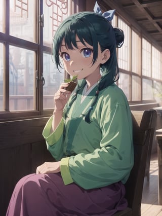 Maomao, indoors,Wood windows, Chinese architecture, left arm bandage, blunt bangs, green hair, long hair, blue eyes, solo, gonvgreen, sidelocks, twin braids, hair over shoulder, hair beads, half updo, single hair bun, hair ribbon, blue ribbon, freckles, hanfu, green japanese clothes, long sleeves, wide sleeves, purple skirt, long skirt, shoes, sitting, eating, grin,star eyes,eating herbs,herbs,  looking at viewer,