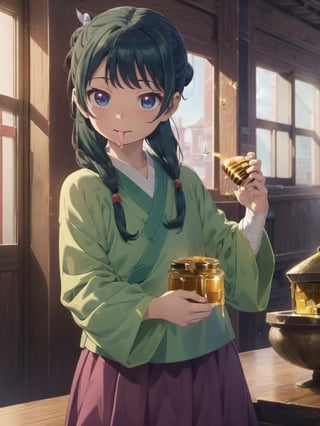 Maomao, indoors,Wood windows, Chinese architecture, (left arm bandage:1.2), blunt bangs, green hair, long hair, blue eyes, solo, gonvgreen, sidelocks, twin braids, hair over shoulder, hair beads, half updo, single hair bun, hair ribbon, blue ribbon, freckles, hanfu, green japanese clothes, long sleeves, wide sleeves, purple skirt, long skirt, (licking honey:1.5), (Holding a honey pot:1.5), star eyes, looking at viewer