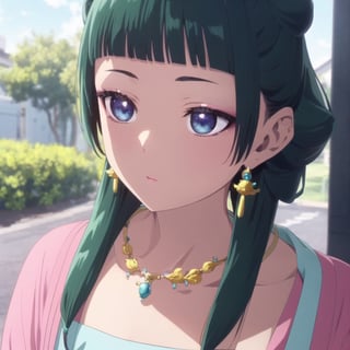 maomao,Dark green hair,blue eyes,hair ornament, hair bun, Earrings,Earrings,Gold necklaceï¼Red eye shadow((extremely realistic shading, masterpiece, extremely detailed, photorealistic))
