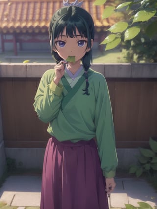 Maomao, east asian architecture, blunt bangs, green hair, long hair, blue eyes, solo, gonvgreen, sidelocks, twin braids, hair over shoulder, hair beads, half updo, single hair bun, hair ribbon, blue ribbon, freckles, hanfu, green japanese clothes, long sleeves, wide sleeves, purple skirt, long skirt, shoes, outdoor, (leaf hold in mouth:1.5), looking at viewer