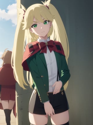 1girl, soro, ninnyspangcole, , ninny spangcole, long hair, blonde hair, (green eyes:1.5), twintails, two side up, shirt, thighhighs, long sleeves, bow, jacket, white shirt, shorts, bowtie, red bow, thigh strap, capelet, black shorts, suspenders, green jacket, suspender shorts, outdoors, city, sun, sky, clouds, looking at viewer, (cowboy shot:1.5), (masterpiece:1.2), best quality, high resolution, unity 8k wallpaper, (illustration:0.8), (beautiful detailed eyes:1.6), extremely detailed face, perfect lighting, extremely detailed CG, (perfect hands, perfect anatomy),ninny spangcole