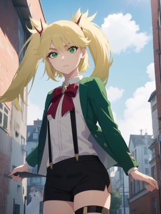 1girl, soro, ninnyspangcole, , ninny spangcole, long hair, blonde hair, (green eyes:1.5), twintails, two side up, shirt, thighhighs, long sleeves, bow, jacket, white shirt, shorts, bowtie, red bow, thigh strap, capelet, black shorts, suspenders, green jacket, suspender shorts, outdoors, city, sun, sky, clouds, looking at viewer, (cowboy shot:1.5), (masterpiece:1.2), best quality, high resolution, unity 8k wallpaper, (illustration:0.8), (beautiful detailed eyes:1.6), extremely detailed face, perfect lighting, extremely detailed CG, (perfect hands, perfect anatomy),ninny spangcole