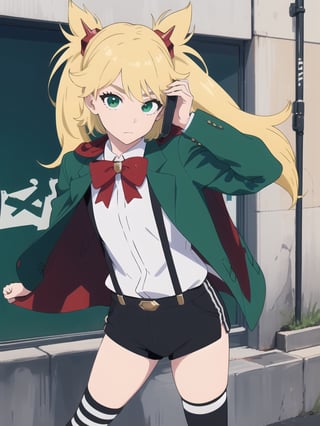 ((best quality)),((highly detailed)),masterpiece,absurdres,detailed face,beautiful face,(detailed eyes, deep eyes),1girl,((dynamic pose)), , Ninny, blonde hair, green eyes, thighhighs, suspenders, long hair, shorts, twintails, suspender shorts, bow, jacket, phone, bowtie, black shorts, short shorts, red bow, capelet, outdoors, school uniform, shirt, crossover, cellphone, striped, green jacket, solo, white shirt, red bowtie, looking at viewer, ribbon, cosplay, cape, hair ornament, holding, closed mouth, solo focus, smartphone, long sleeves, horns, day
