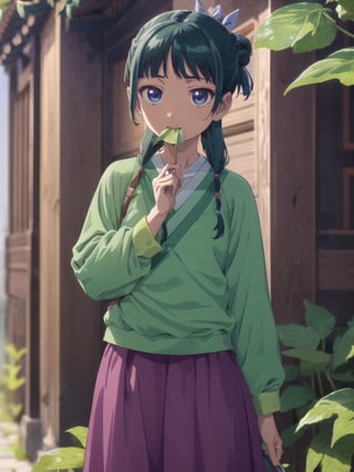 Maomao, east asian architecture, blunt bangs, green hair, long hair, blue eyes, solo, gonvgreen, sidelocks, twin braids, hair over shoulder, hair beads, half updo, single hair bun, hair ribbon, blue ribbon, freckles, hanfu, green japanese clothes, long sleeves, wide sleeves, purple skirt, long skirt, shoes, outdoor, (have a colander:1.5), (leaf hold in mouth:1.5), looking at viewer